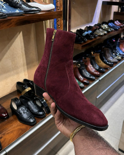 High-top Burgundy Suede Boots With Cuban Heel