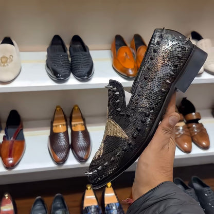Exotic Grey Snake Foil Studded Bird Moccasins