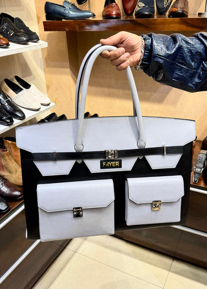 Custom Grey & Black Calfskin Leather Duffel Bag