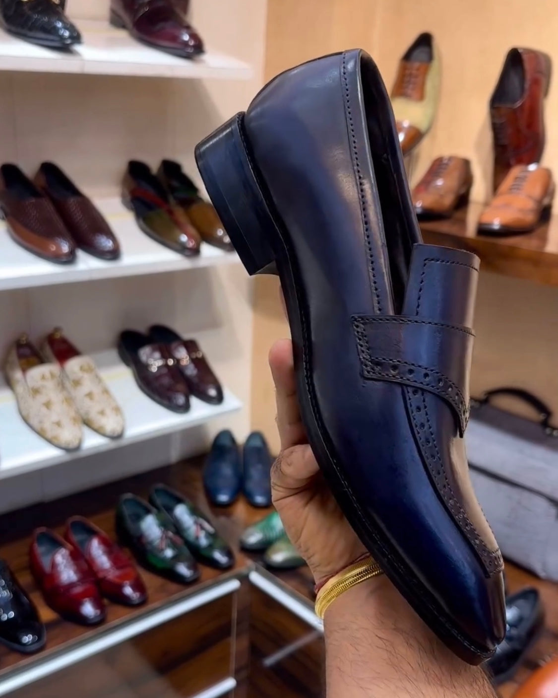 Dark Blue Patina Italian Crust Leather Moccasins