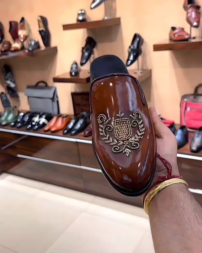 Brown Patina Embroidery Mules