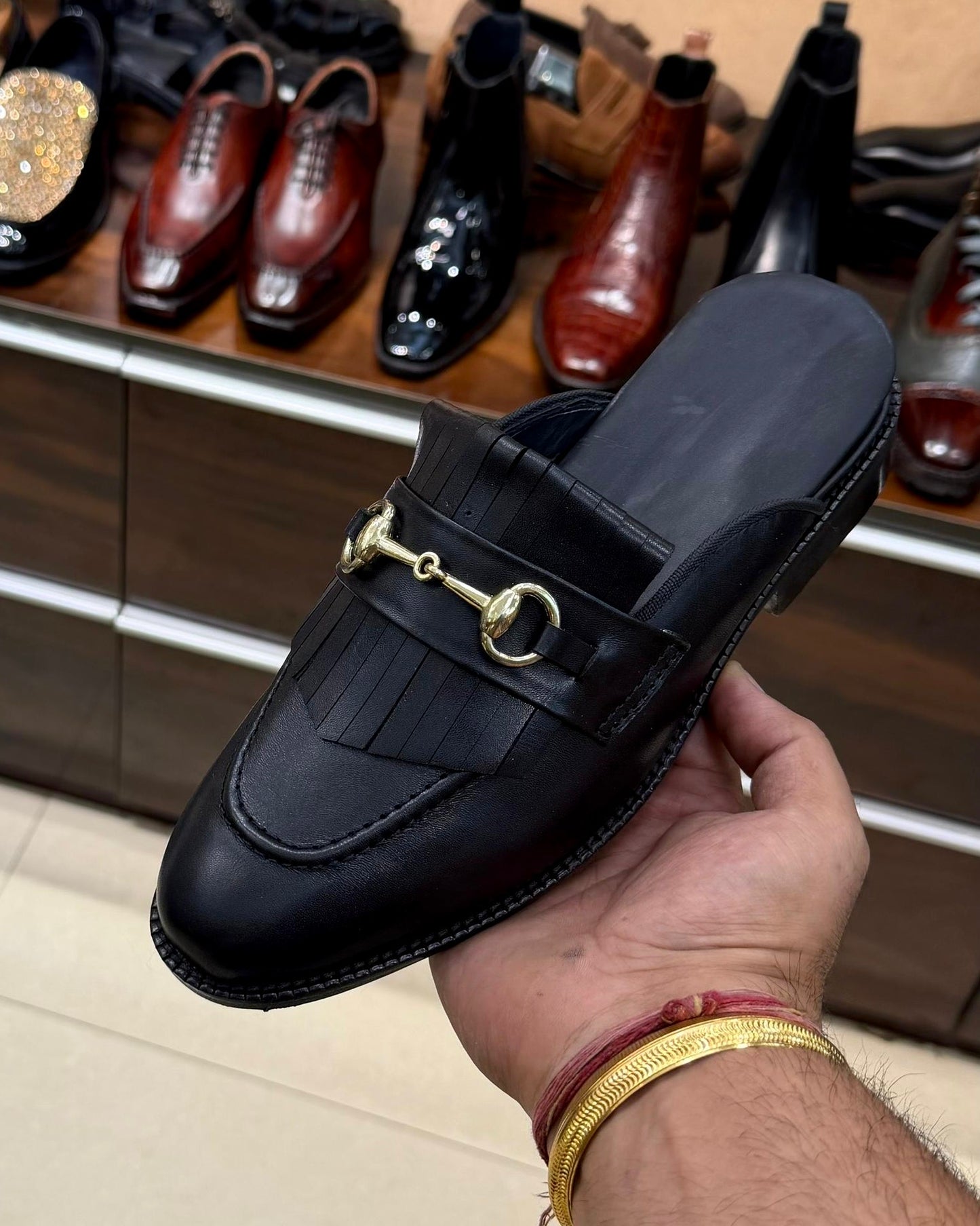 Black Italian Leather Fringes Mules with Gold Horsebit
