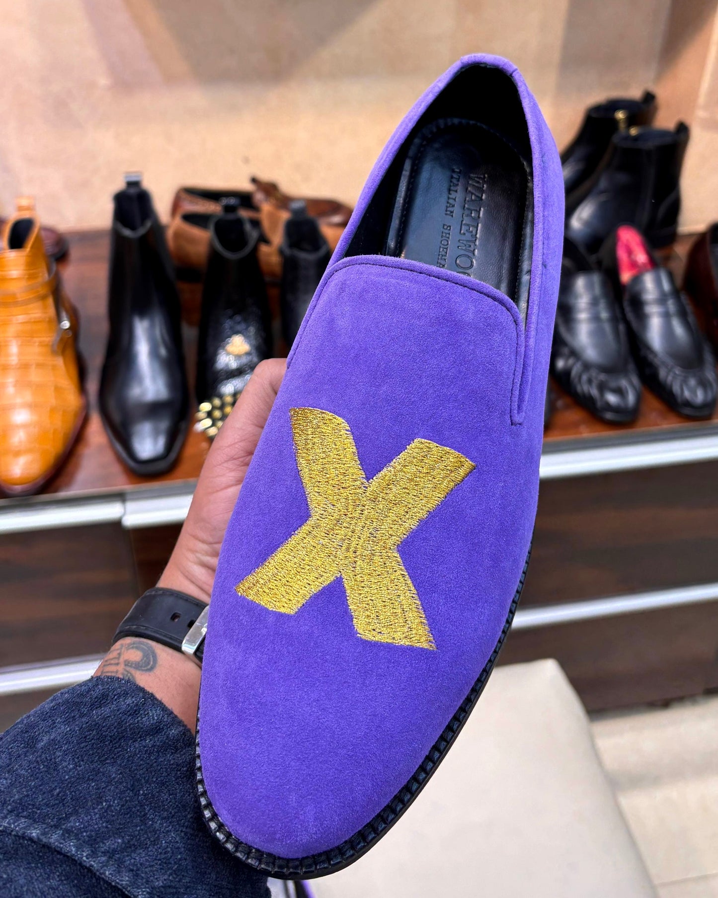 Gold “2X” Hand-embroidered Purple Suede Loafers