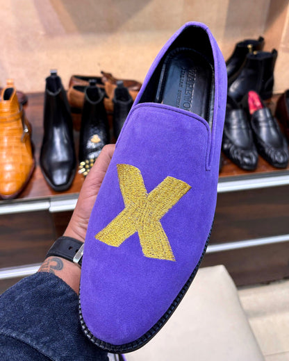 Gold “2X” Hand-embroidered Purple Suede Loafers