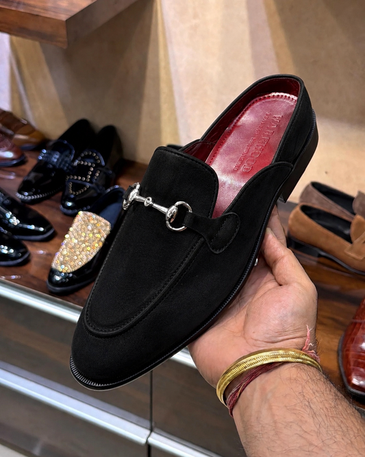 Black Suede Mules With Silver Horsebit And Red Interior