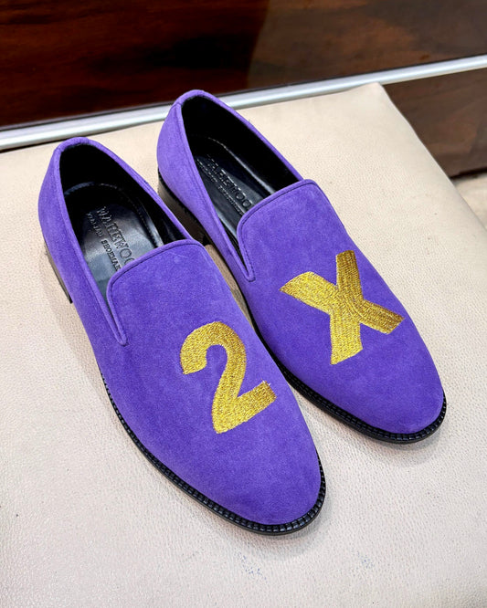 Gold “2X” Hand-embroidered Purple Suede Loafers