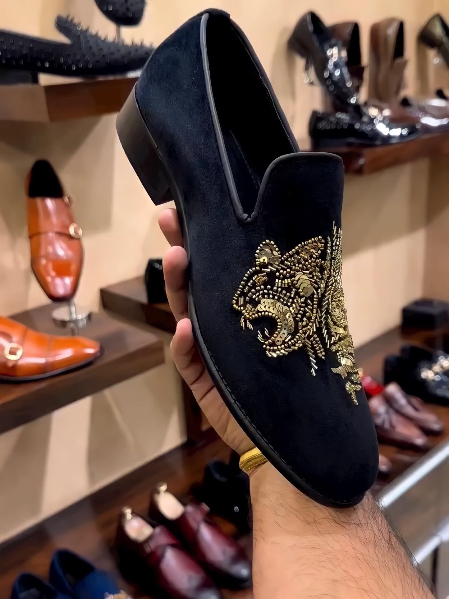 Gold Tiger Embroidery on Black Suede Moccasins