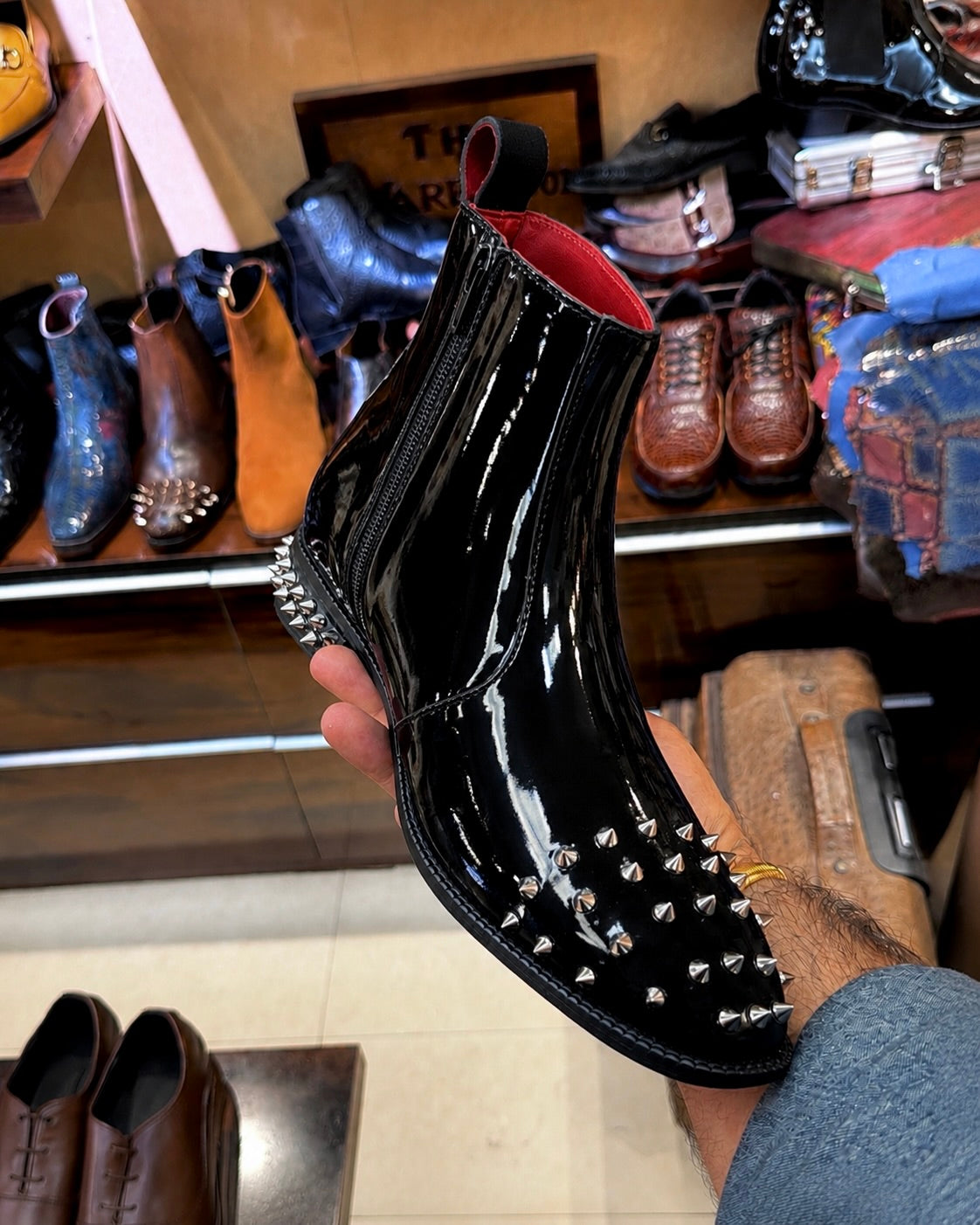 Black Patent Leather Studded Toe & Heel Boots With Red Bottoms