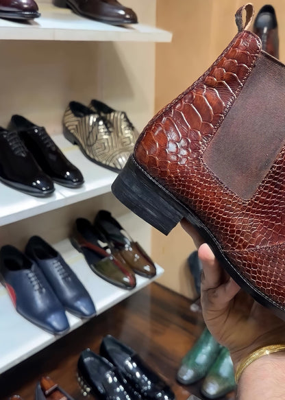 Dark Tan Cobra Scaled Chelsea Boots