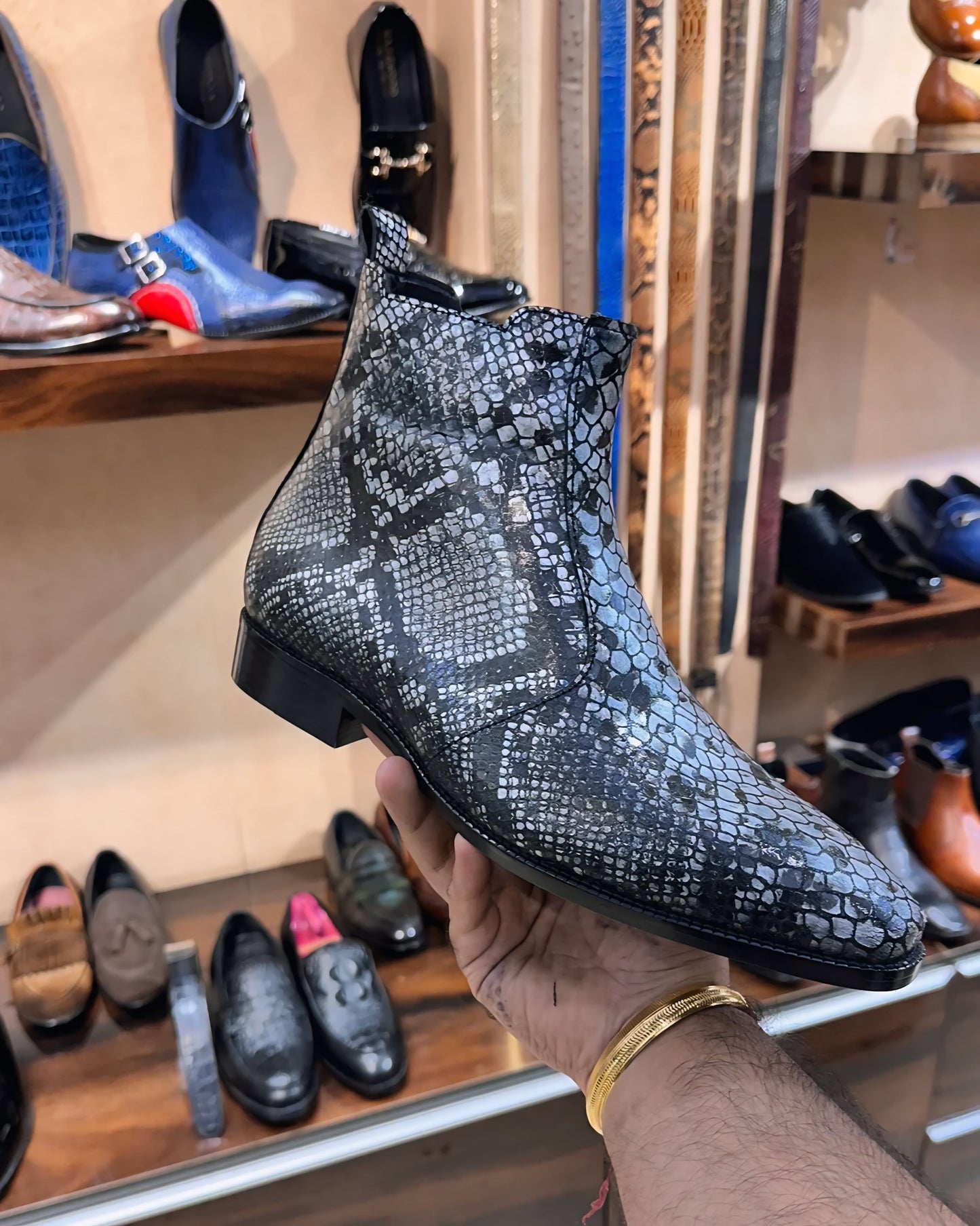 Exotic Grey Snake Foil Zipper Boots