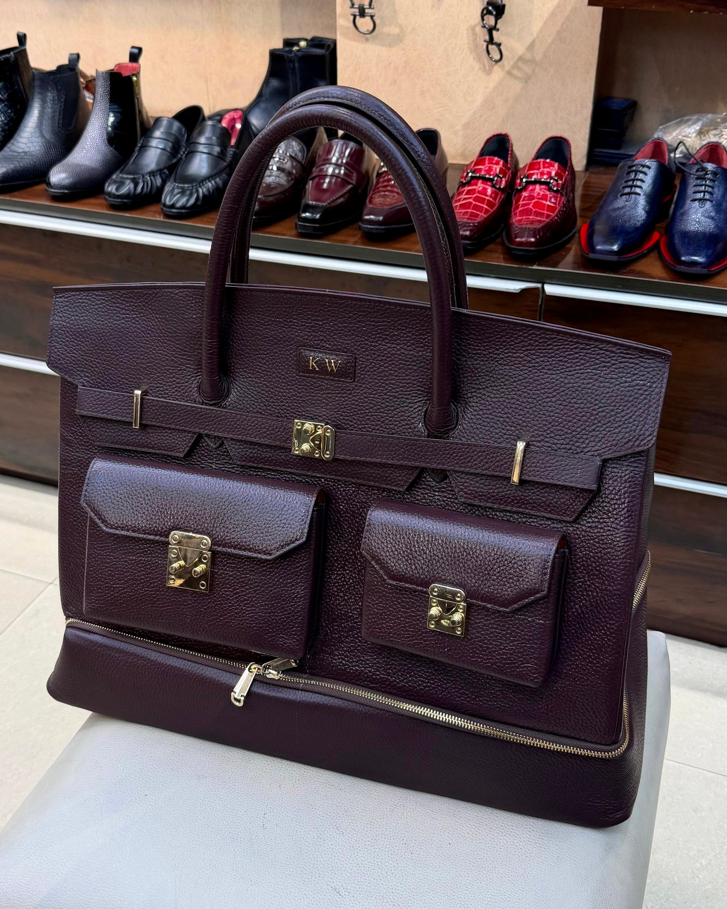 Burgundy Full Grain Leather Travel Bag with Shoe Compartment