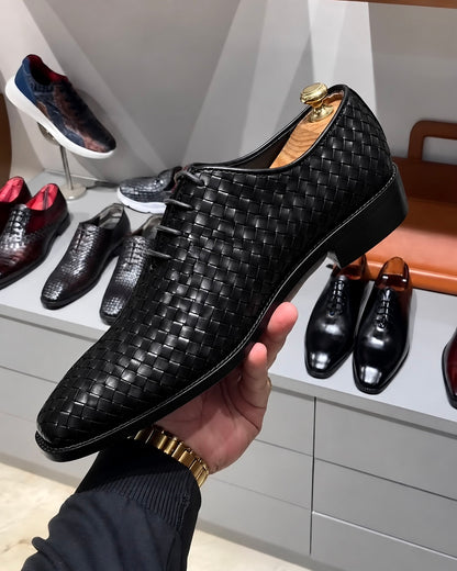 Black Hand-Woven Leather Wholecut Oxfords