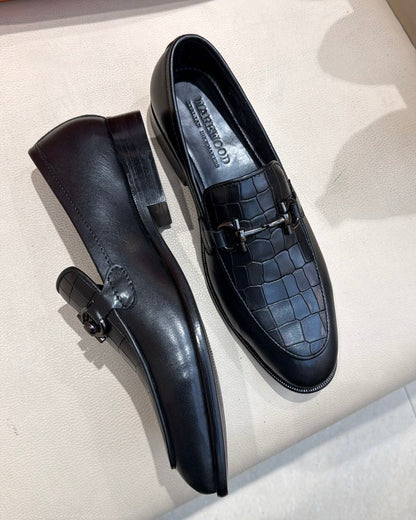 All Black Crocodile Scaled Gunmetal Horsebit Loafers