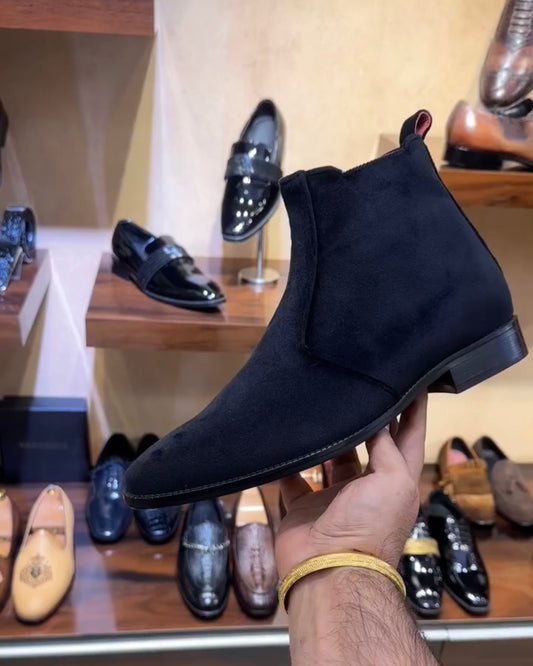 Black Italian Suede U-Tip Zip Boots
