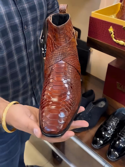 Tan Cobra Scaled Cuban Heel Zip Boots