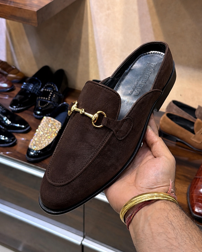 Dark Brown Suede Gold Horsebit Mules