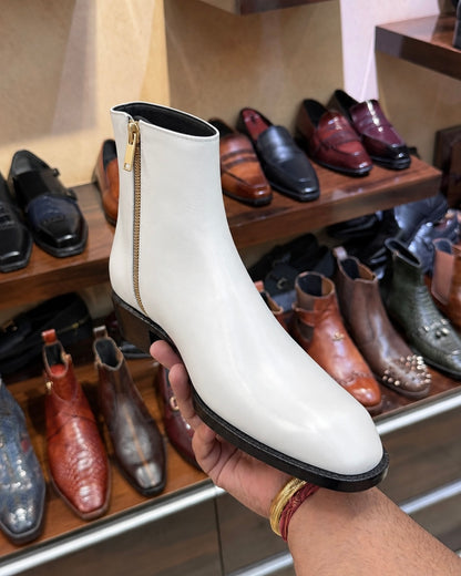White Calfskin Leather Cuban Heel Boots With Zip