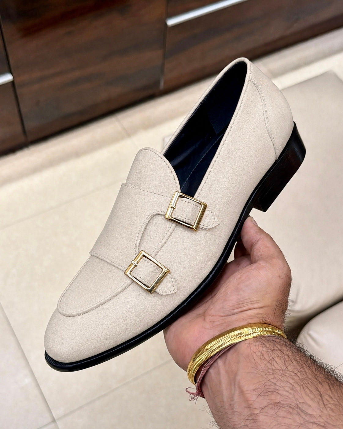 Beige Suede Double Monk Strap Loafers