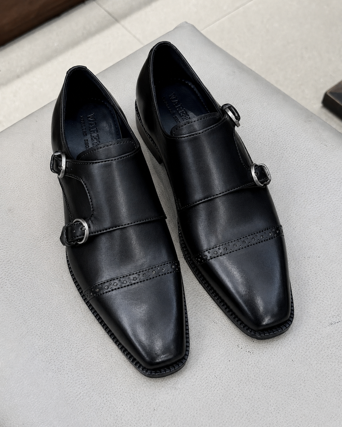 Black Double Monk Strap Shoes In Calfskin Leather