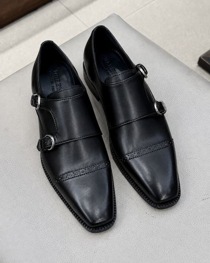 Black Double Monk Strap Shoes In Calfskin Leather
