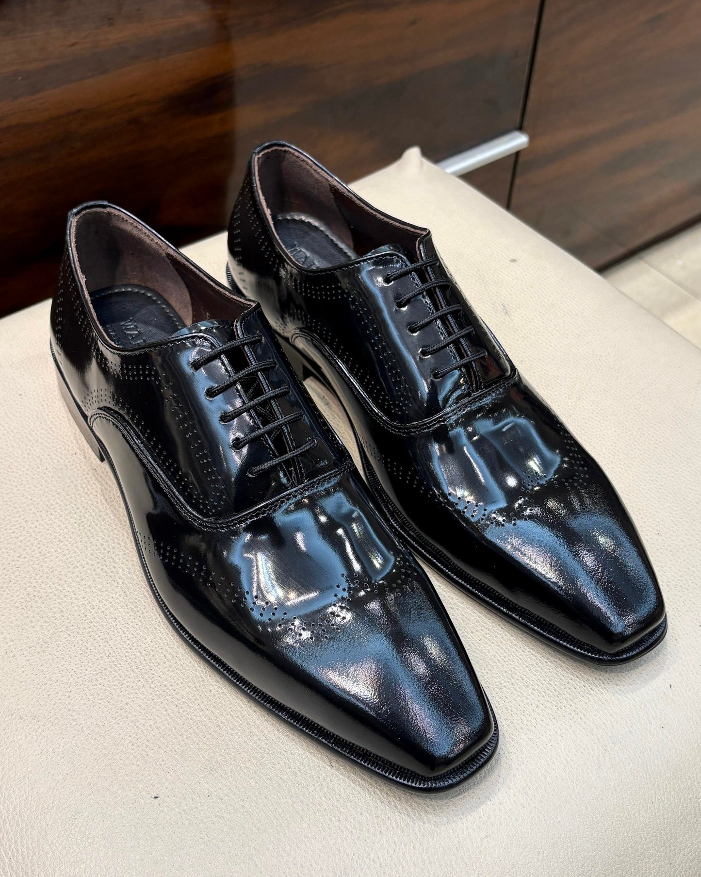 Black Smooth Calf Leather Oxfords with Perforations