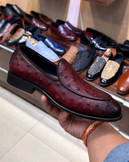 Burnished Burgundy Real Ostrich Skin Belgian Loafers