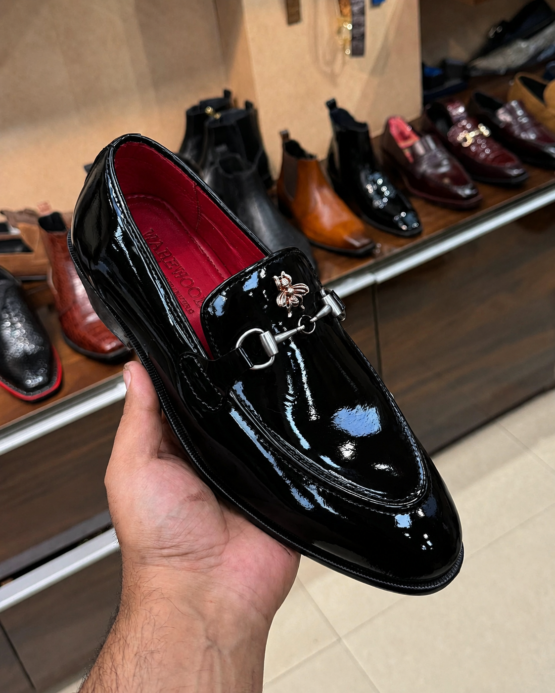 Black Patent Leather Horsebit Loafers With Cuban Heel And Red Interior