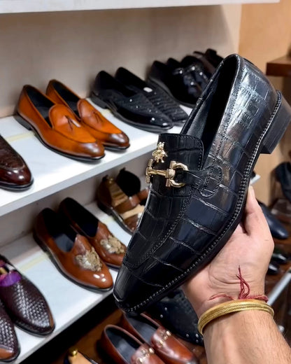 Black Crocodile Scaled Horsebit Loafers with Bee