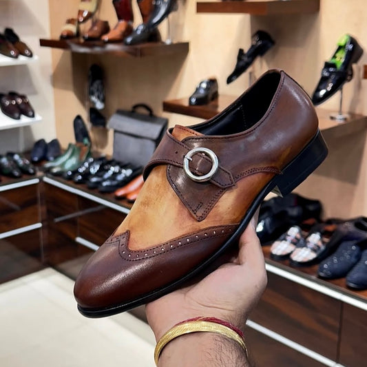 Brown And Tan Single Monk Strap Shoes