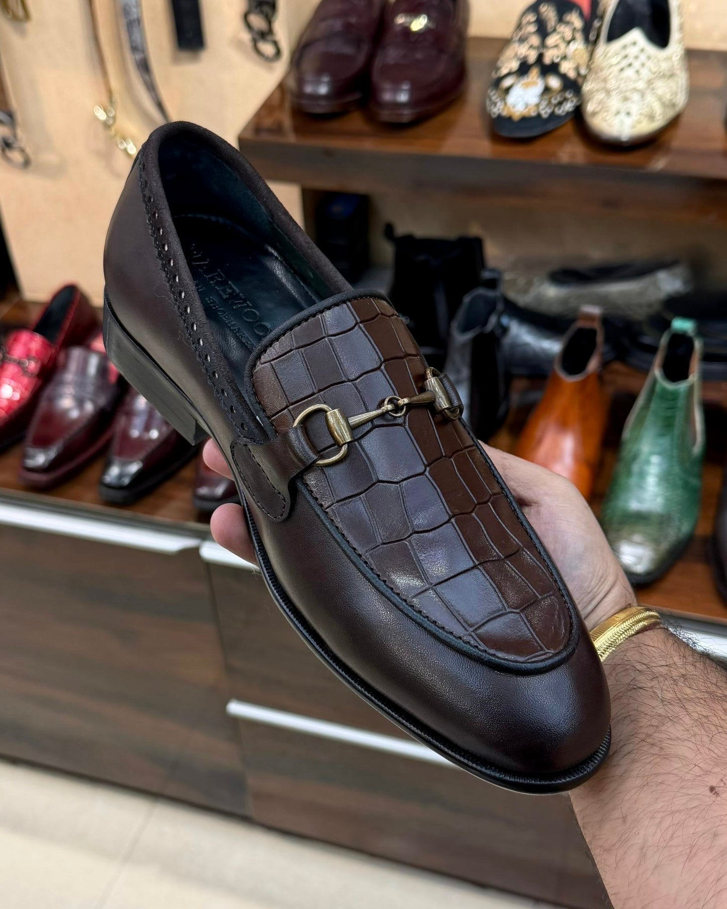 Coffee Brown Crocodile Scaled Antique Horsebit Loafers
