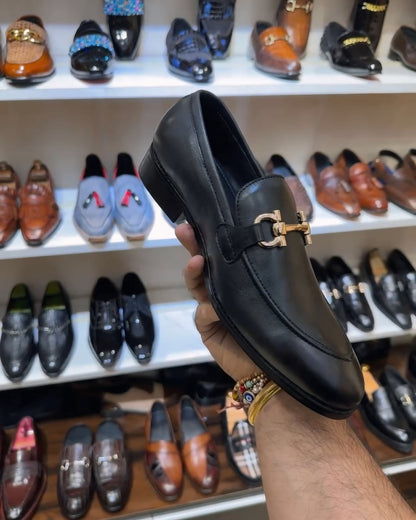 Classic Black Calf Skin Leather Loafers with Gold Buckle