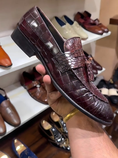 Wine Shade Crocodile Scaled Tassel Moccasins