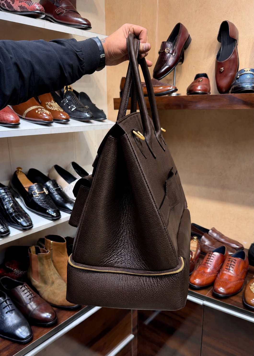 Dark Brown Full Grain Leather Travel Bag with Bottom Shoe Compartment