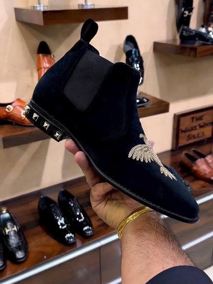 Suede Embroidered Studded Heel Boots