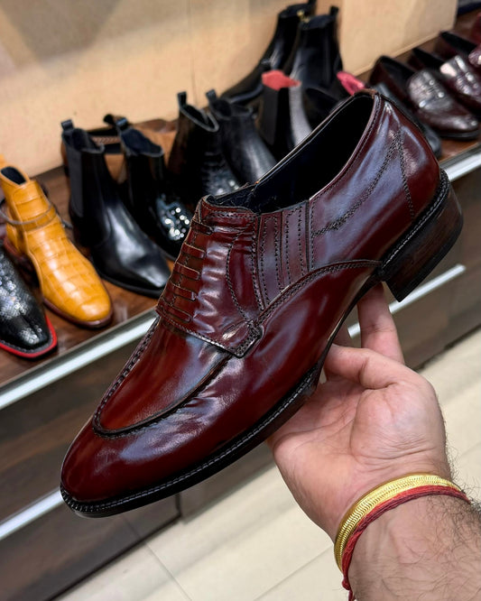 Burgundy Smooth Calf U-Tip Derby Moccasins