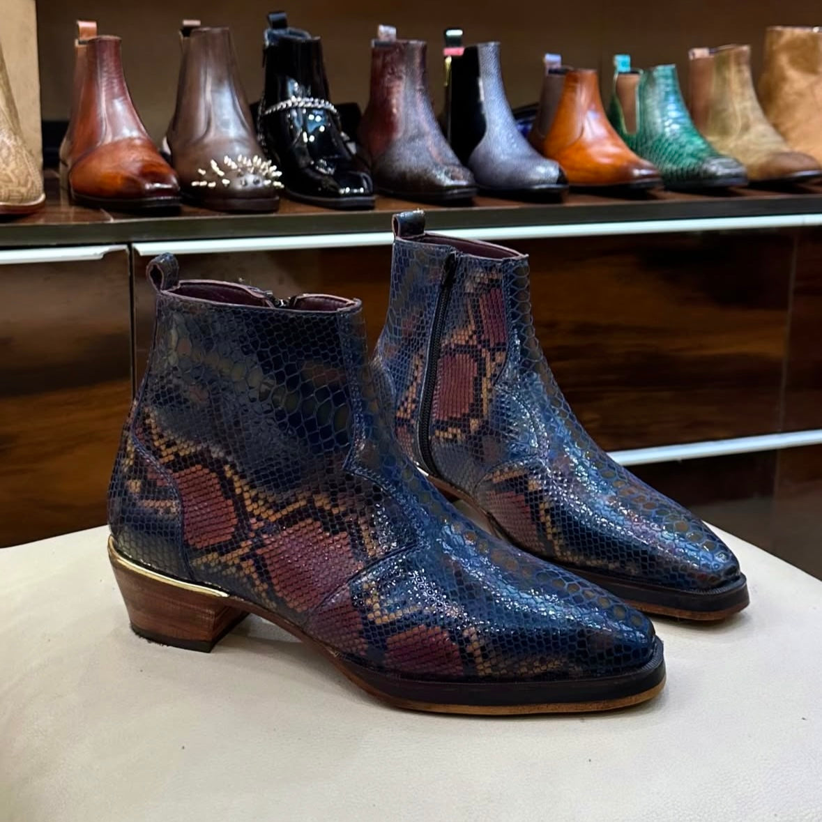 Exotic Blue Multicolor Zip Boots with Cuban Heel