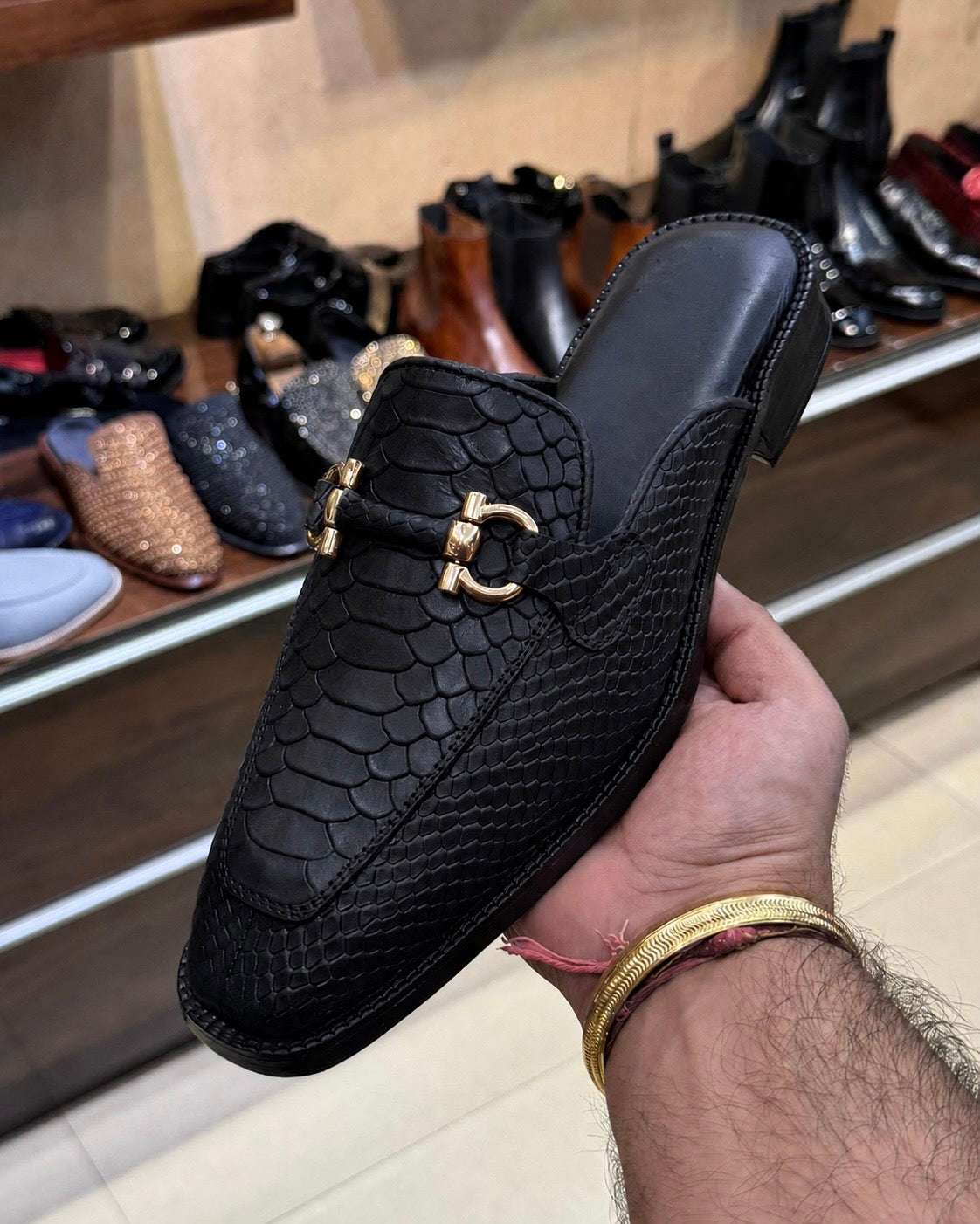 Black Cobra Scaled Gold Horsebit Mules