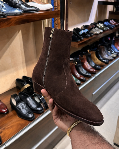 High-top Dark Brown Suede Boots With Cuban Heel