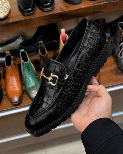 Black Deep-cut Crocodile Horsebit Loafers With Lug Sole