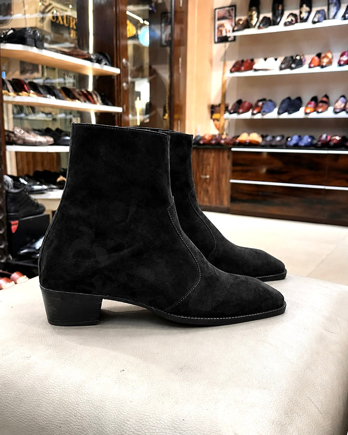 High-top Black Suede Boots With Cuban Heel