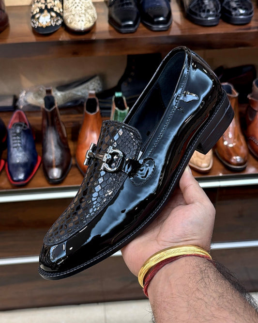 Black Patent & Snake Foil Leather Horsebit Loafers with Red Bottoms