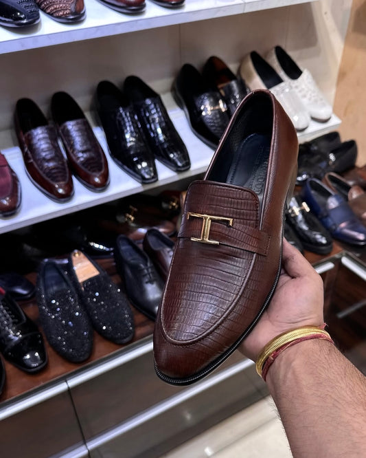 Brown Lizard Scaled Loafers with T-shape Ornament