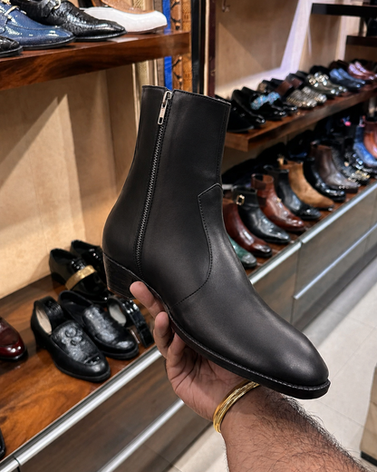 High-top Black Calfskin Leather Boots With Cuban Heel