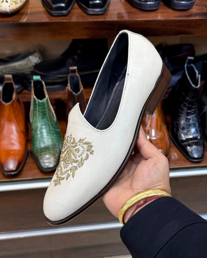 Ivory Crust Leather Hand-embroidered Mojaris with Brown Sole