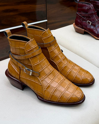 Tan Crocodile Scaled Jodhpur Boots with Cuban Heel