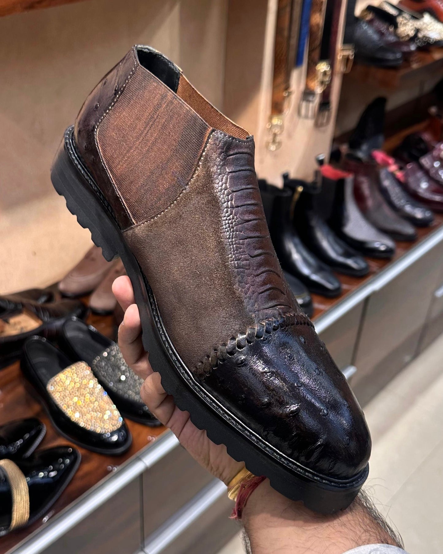 Exotic Brown Multi-tone Low Top Chelsea Boots With Lug Sole