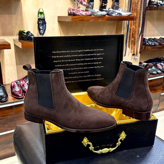 Smooth Brown Suede Chelsea Boots with Brown Wood Sole