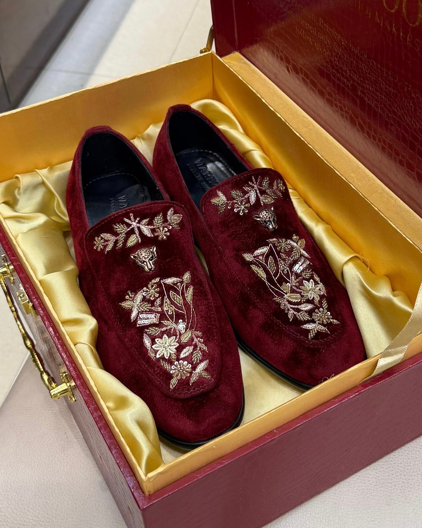 Burgundy Velvet Gold Hand-embroidered Loafers