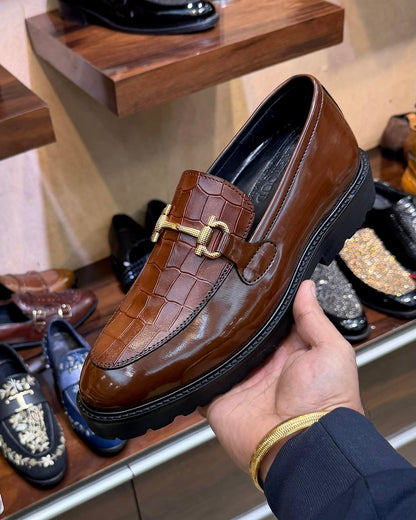 Warm Walnut Brown Croco Textured Horsebit Loafers with Lug Sole