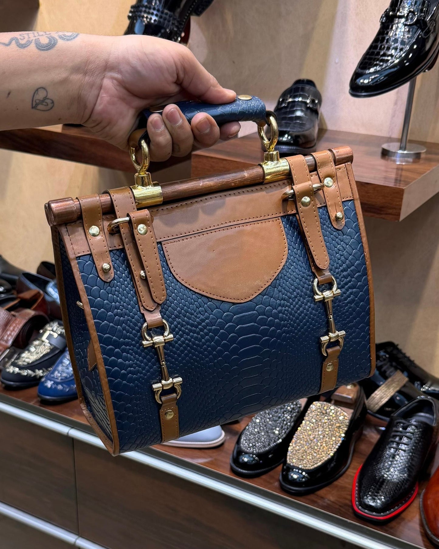 Navy Blue And Medium Brown Handbag